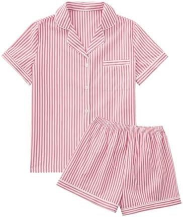 OPOIPIN Women's Striped Pajamas Set Button Down Short Sleeve Shirt 2 Piece Sleepwear with Shorts | Amazon (US)