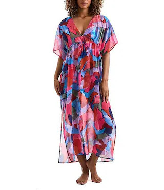 Mimi Flamingo Dylan Chiffon Printed Flutter Sleeve V-Neck Midi Caftan Swim Cover-Up | Dillard's | Dillard's
