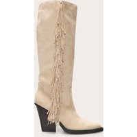 Cream Faux Suede Point Toe Fringed High Block Heel Knee Boots | PrettyLittleThing US