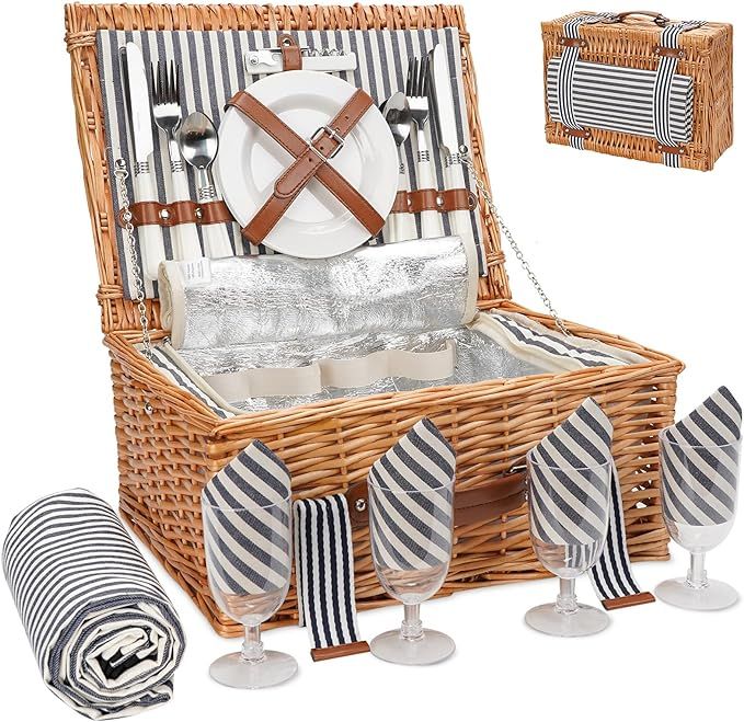 Wicker Picnic Basket for 4 with Large Insulated Cooler Compartment and Waterproof Picnic Blanket,... | Amazon (US)