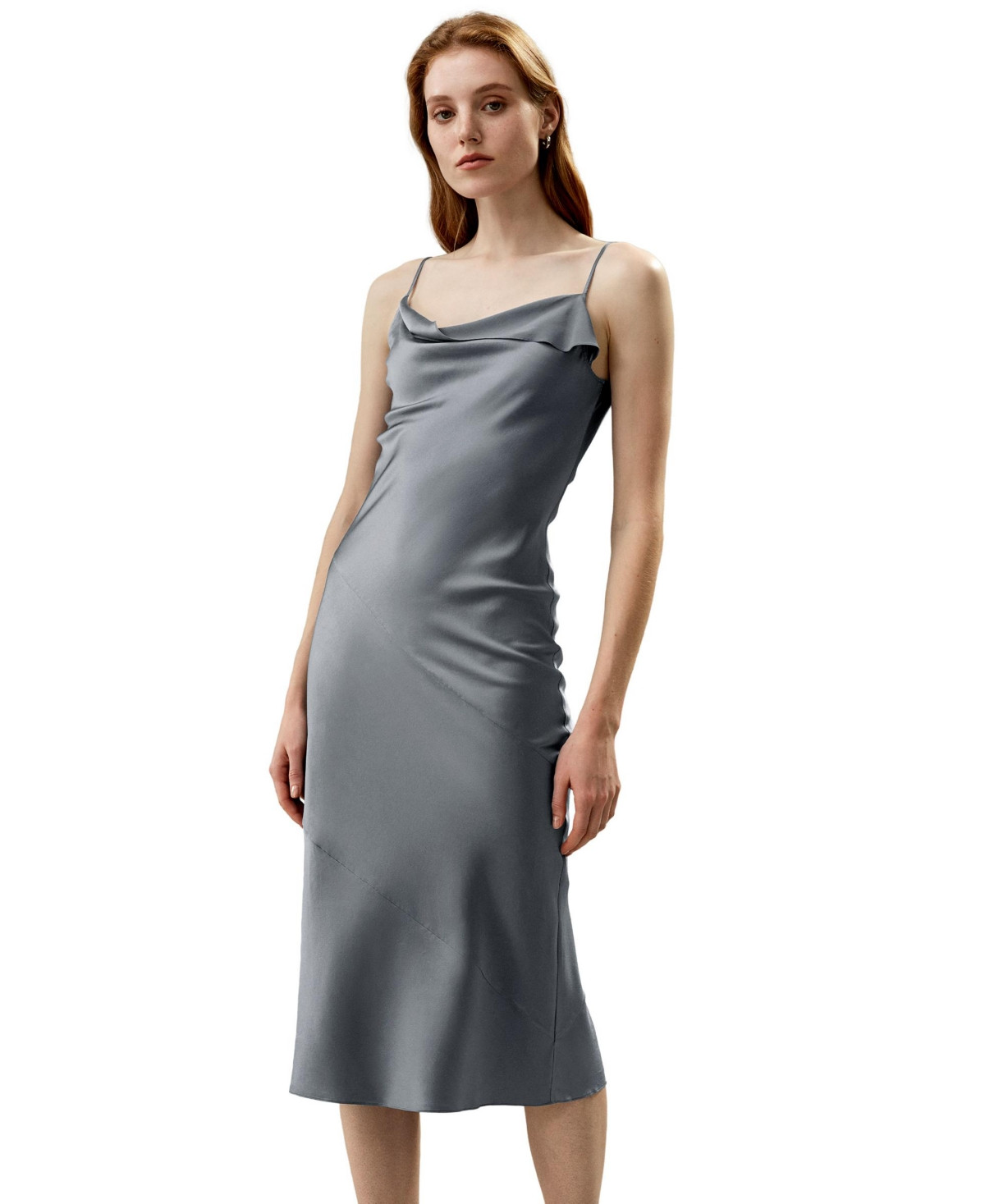 Lilysilk Women's Cowl Neck Oblique-layered Silk Dress for Women - Carbon gray | Macy's