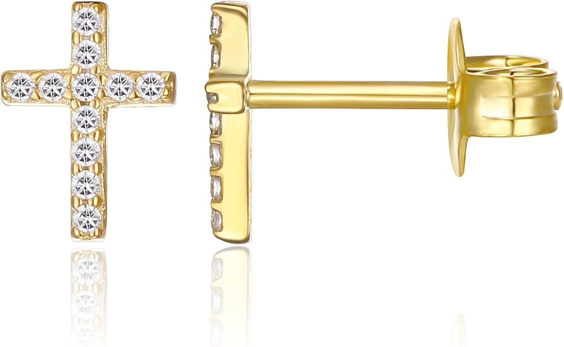 PAVOI 14K Gold Plated Girls Sterling Silver Earrings | Pave CZ Gold Cross Earrings for Women | Amazon (US)