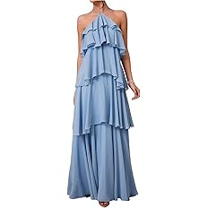 SOLY HUX Women's Sundresses Ruffle Layered Halter Flowy Maxi Dress Elegant Wedding Guest Dresses | Amazon (US)
