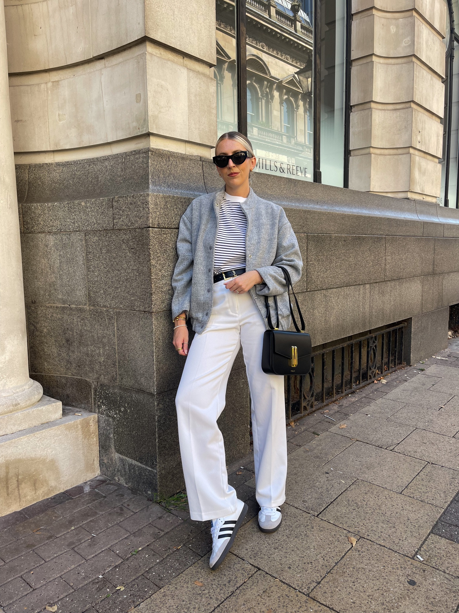 Grey bomber jacket, stripe t-shirt, white trousers, black sunglasses, black crossbody bag, white trainers samba, black belt

#LTKSeasonal #LTKstyletip #LTKeurope