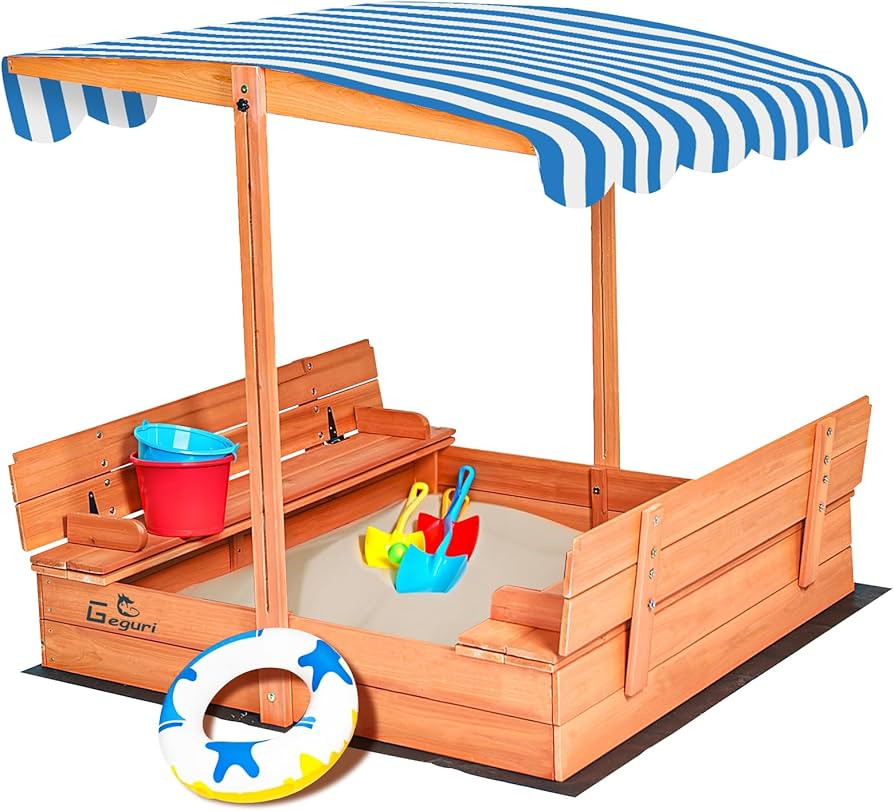 Kids Wooden Sandbox with Cover, Foldable Bench Seats, Retractable Roof, Outdoor Playset, Large Sa... | Amazon (US)