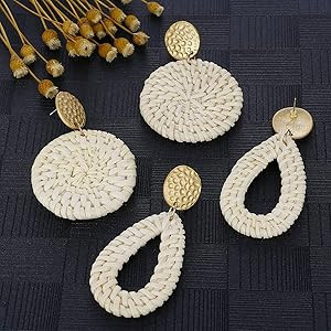 AIDSOTOU 4Pairs Handmade Raffia Summer Beach Bohemian Earrings Statement Tropical Round Teardrop ... | Amazon (US)