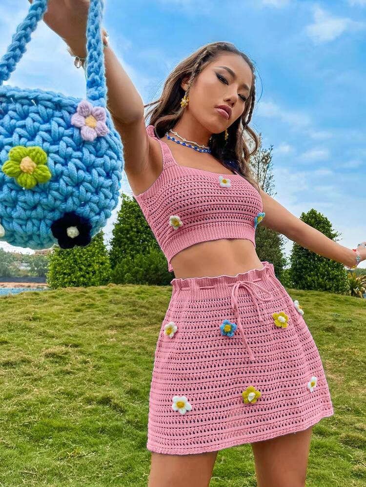 Floral Patched Open Knit Cami Top & Drawstring Skirt | SHEIN