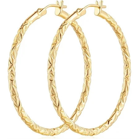 14K Gold Hoop Earrings for Women Textured 40mm Large Gold Hoops with Engraved Braided Pattern Lightweight Everyday Statement Jewelry | Walmart (US)