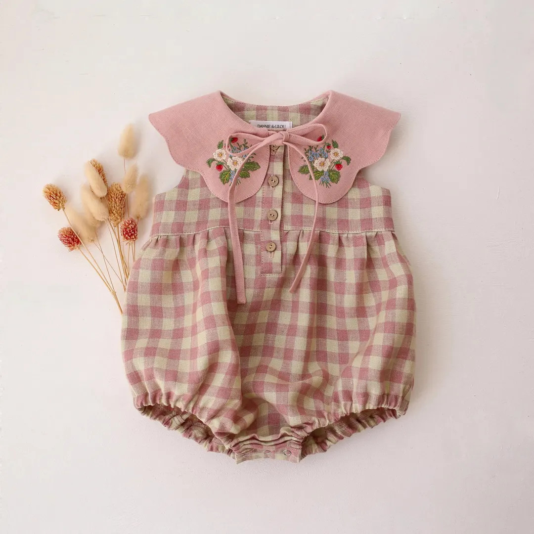 Baby Bubble Romper in Blush Check Linen with Embroidered Petal Collar "Strawberry Bouquet" in Pow... | Etsy (US)