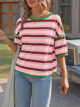 Tankaneo Womens Oversized Striped T-Shirts Summer Casual Color Block Short Sleeve Tops Drop Shoul... | Amazon (US)
