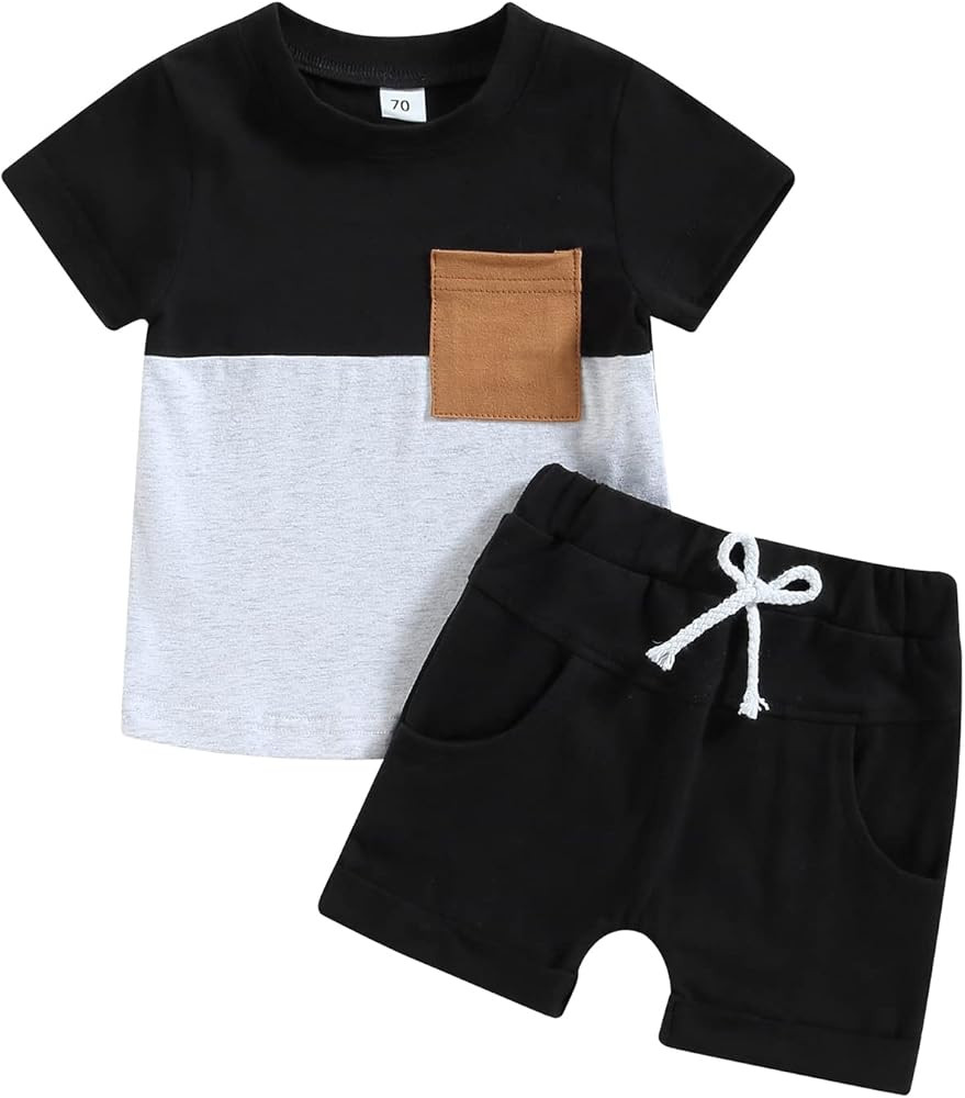 Newborn Baby Boy Summer Clothes Short Sleeve Color Block Front Pocket T-Shirt Top Shorts 2Pcs Cas... | Amazon (US)