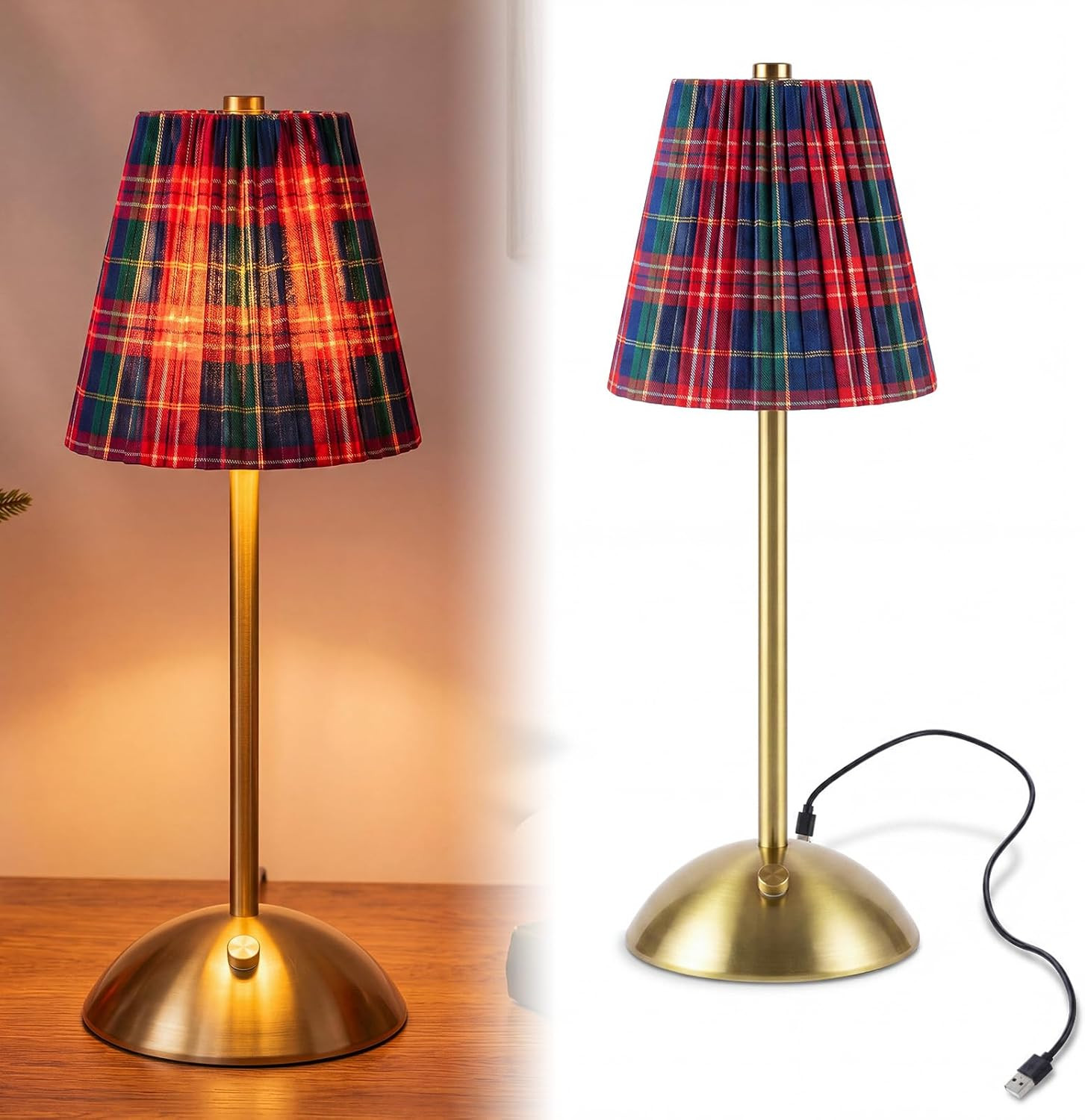 Christmas Table Lamp Indoor LED Vintage Fabric Tartan Desk Lamps | Amazon (US)