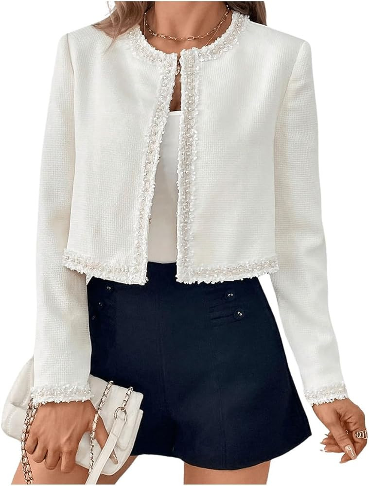 MakeMeChic Women's Beaded Raw Hem Open Front Long Sleeve Jacket Crop Work Office Outerwear | Amazon (US)