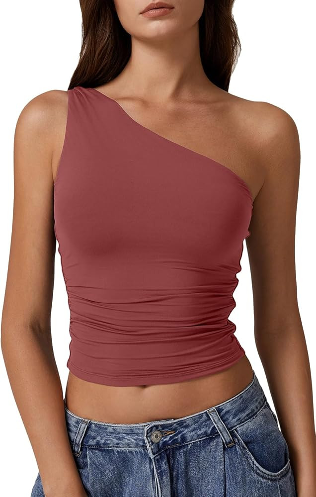 QINSEN Women's One Shoulder Tank Tops Double Lined Sleeveless Slim Fit Cropped Tee Shirt Y2k Tops | Amazon (US)