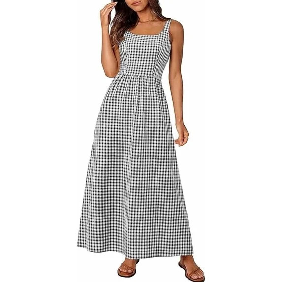 PRETTYGARDEN Women's Summer Spaghetti Strap Maxi Dresses Plaid Square Neck A Line Casual Beach Va... | Walmart (US)