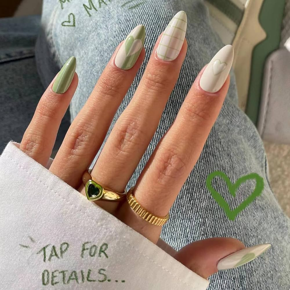 24 Pcs White & Green Press on Nails Short Almond - SHANRUN Spring Fake Nails Press ons Nail Art G... | Amazon (US)
