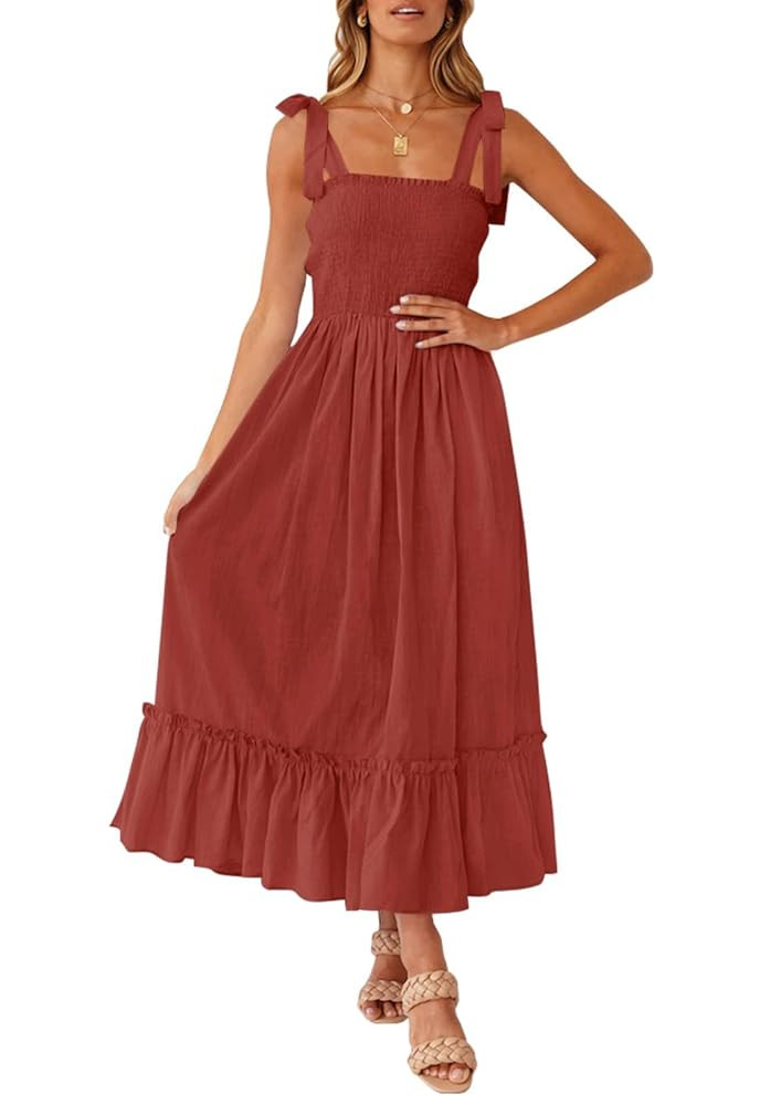 ZESICA Women's 2025 Summer Boho Spaghetti Strap Square Neck Solid Color Ruffle A Line Beach Long ... | Amazon (US)