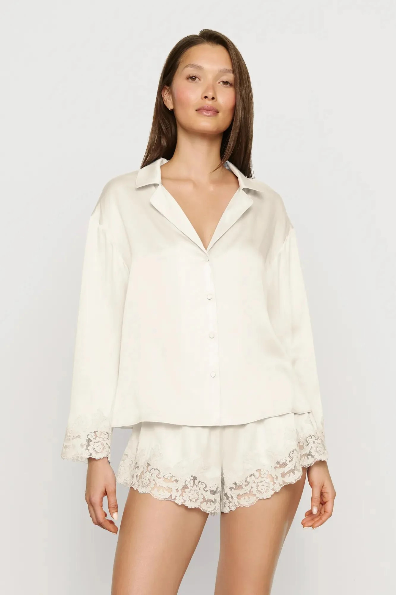 Washable Silk with Lace Embroidery Long Sleeve Top & Short PJ Set | Eberjey