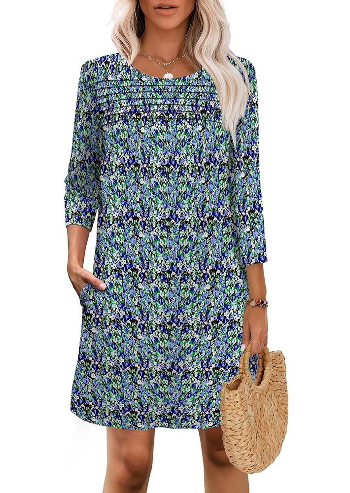 Lylinan Womes 3/4 Sleeve Dresses for Women Elegant Classy Mini Dress Pleated A-Line Dress with Po... | Amazon (US)