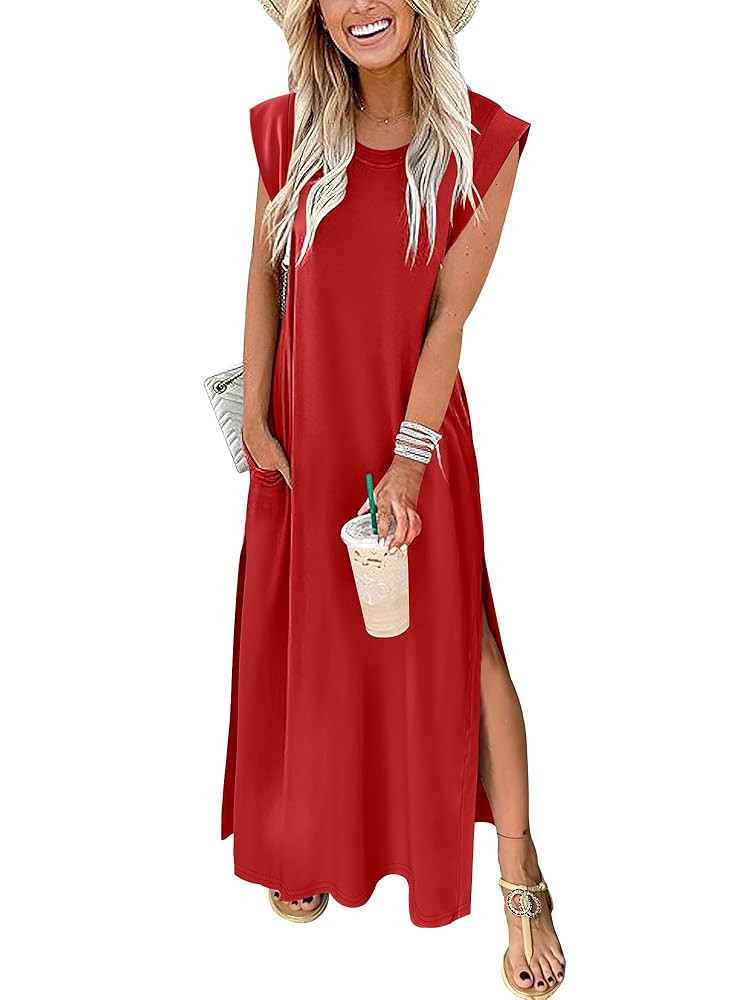 ANRABESS Womens Maxi Dresses 2025 Summer Casual Cap Sleeve Crew Neck Loose Split Beach Travel Lon... | Amazon (US)