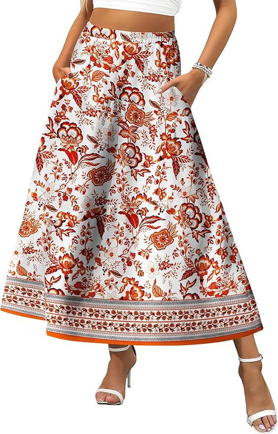 Zeagoo Women's Midi Summer Boho Flowy Swing A-Line Skirts 2025 Casual Elastic Waist Asymmetric Ti... | Amazon (US)