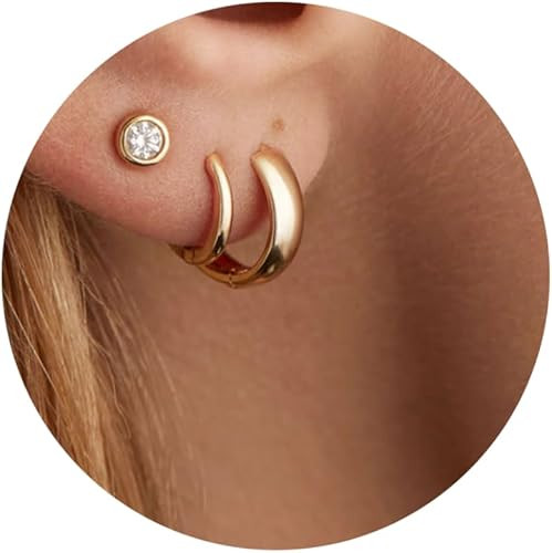 3 Gold Hoop Earrings Set, Stack Small Huggie Hoops & Studs Chunky Gold Earrings, Hypoallergenic T... | Amazon (US)