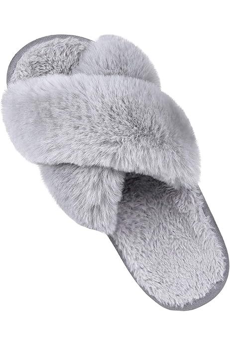 Women's Cross Band Slippers Soft Plush Furry Cozy Open Toe House Shoes Indoor Outdoor Faux Rabbit Fu | Amazon (US)