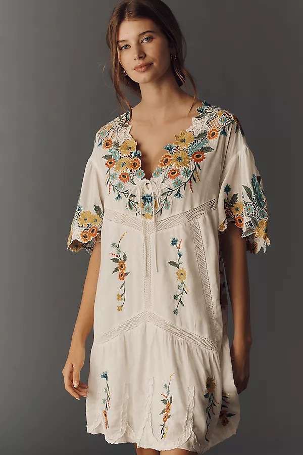 Embroidered Short-Sleeve Mini Swing Dress | Anthropologie (US)