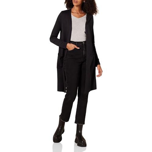 Amazon Essentials Women's Lightweight Longer Length Open-Front Long-Sleeve Cardigan Sweater, Black, Large | Amazon (US)