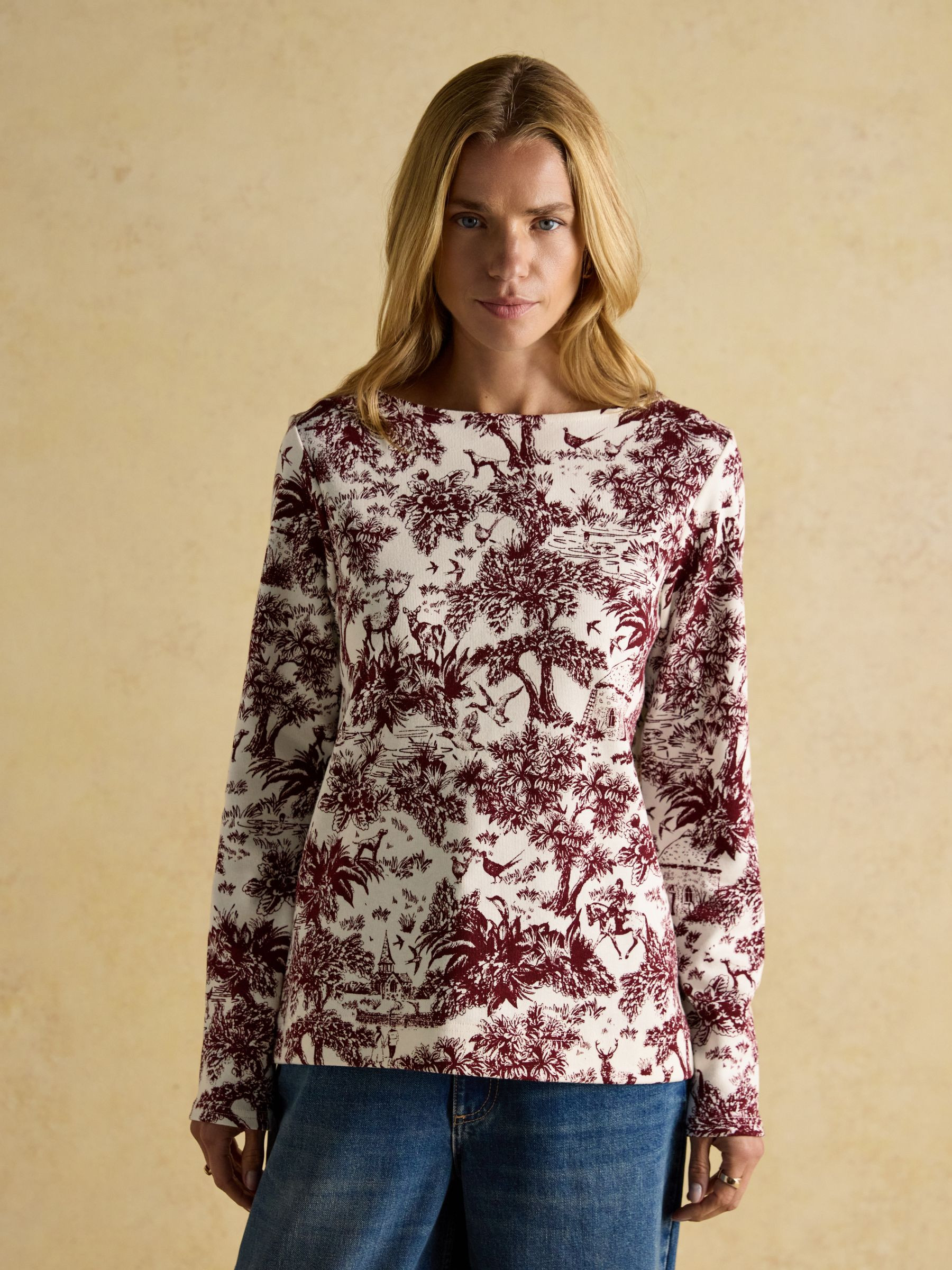 Harbour Burgundy Toile de Jouy Boat Neck Printed Top | Joules | Joules