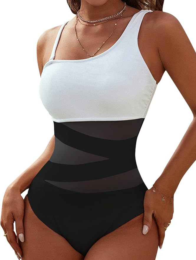 Blooming Jelly Women's Sexy One Piece Bathing Suits One Shoulder Swimsuits Slimming Mesh Swimwear | Amazon (US)