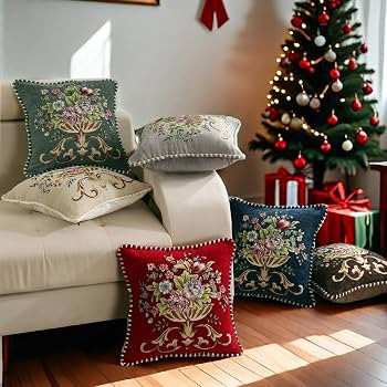 Set of 2 Christmas Blue Vintage Embroidered Throw Pillows Covers 18x18in，Vintage Christmas Deco... | Amazon (US)