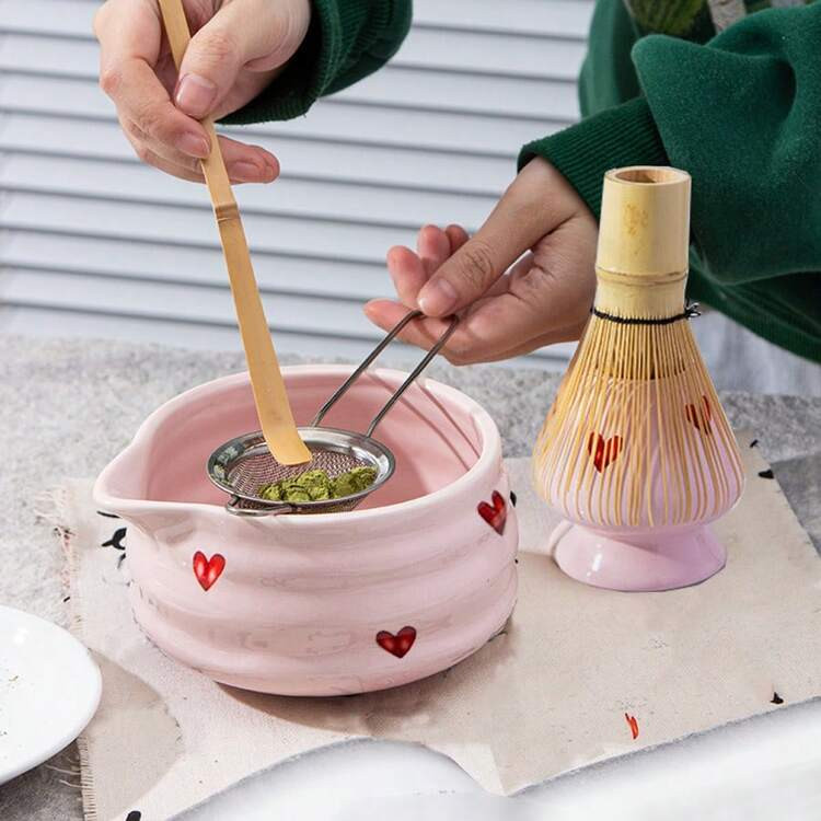 5pcs Matcha Whisk Set, Cute Pink Heart/Cherry Blossoms Ceramic Matcha Bowl With Whisk Set, Japanese Tea Set Includes Matcha Bowl With Spout, Matcha Whisk Holder, Bamboo Matcha Whisk, Scoop, Sifter, Ceramic Matcha Kit For Tea Lovers | SHEIN