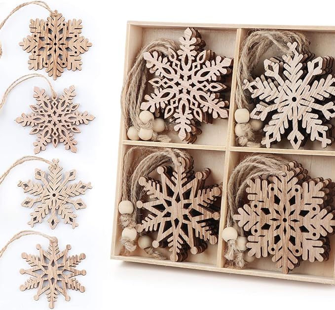 ilauke 20 pcs Unfinished Christmas Wood Snowflake Ornaments - 4 Style of Snowflake Ornaments Bulk... | Amazon (US)