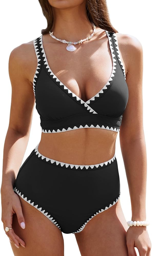 ZAFUL Womens High Waisted Bikini Sets Floral Print Whip Stitch 2 Piece Swimsuits V-Neck Crisscros... | Amazon (US)