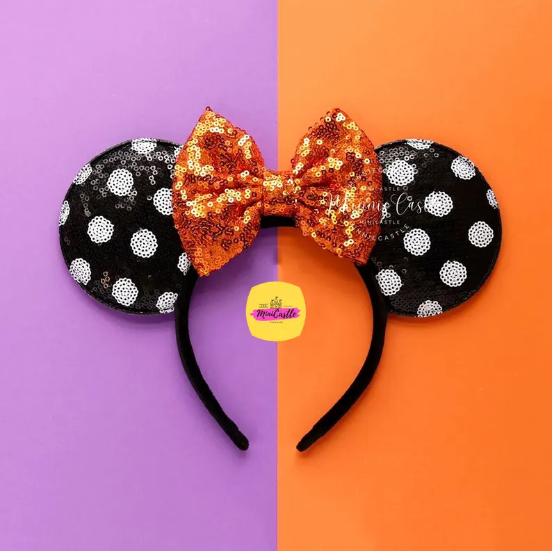 Halloween  Black White Polka Dots Mouse Ears | Pumpkin Orange Sequin Bow Headband | Kids Adults P... | Etsy (Global)