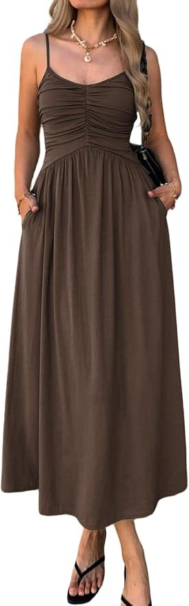 Mieazom Women’s Spaghetti Strap Midi Dress Ruched Bust Flowy A Line Sleeveless Empire Waist Sum... | Amazon (US)