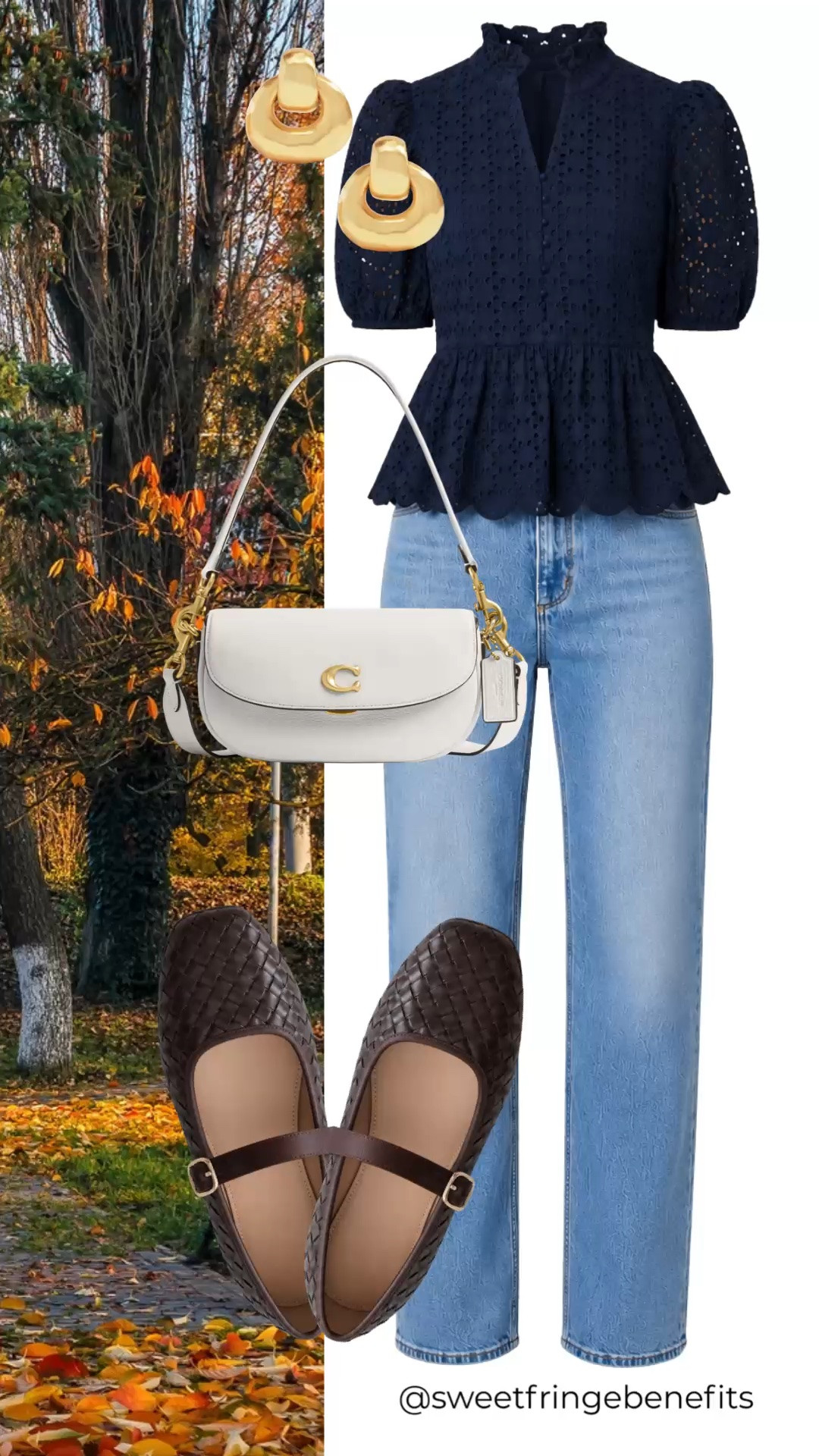 This navy eyelet peplum top and light-wash jeans are such a pretty combination. The feminine detailing adds polish, while the relaxed denim and Mary Jane flats keep it comfortable and easy for fall.

💡 LTK MADE EASY
❤️ Heart = Support my posts!
🔖 Save = Get sale & restock alerts
📋 Lists = Keep favorites organized
📲 Share = Send lists and products to a friend. Hello, Christmas List!
💬 Comment = Ask me anything about what I'm wearing.:-)

#LTKdayinmylife #LTKgrwm #LTKootd