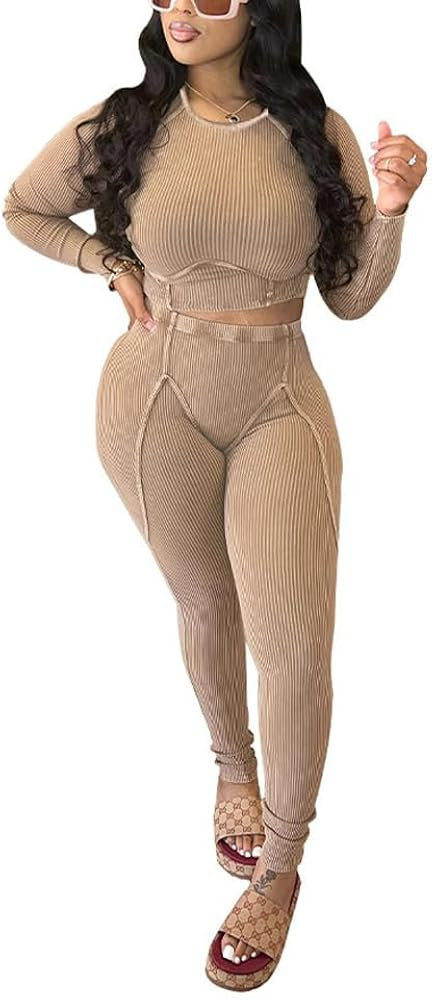 Lounge Wear Ribbed Casual 2 Piece Tracksuit Set Women Solid Color Skinny Long Sleeve Crewneck Top... | Amazon (US)