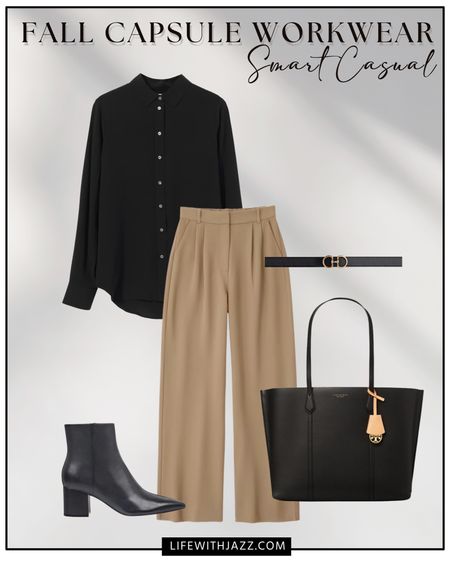 Fall capsule workwear outfit inspo 

Smart casual / workwear / office outfit / fall outfit / silk button up / trousers / tailored pants / belt / boots / tote / everlane / Abercrombie 

#LTKworkwear #LTKstyletip