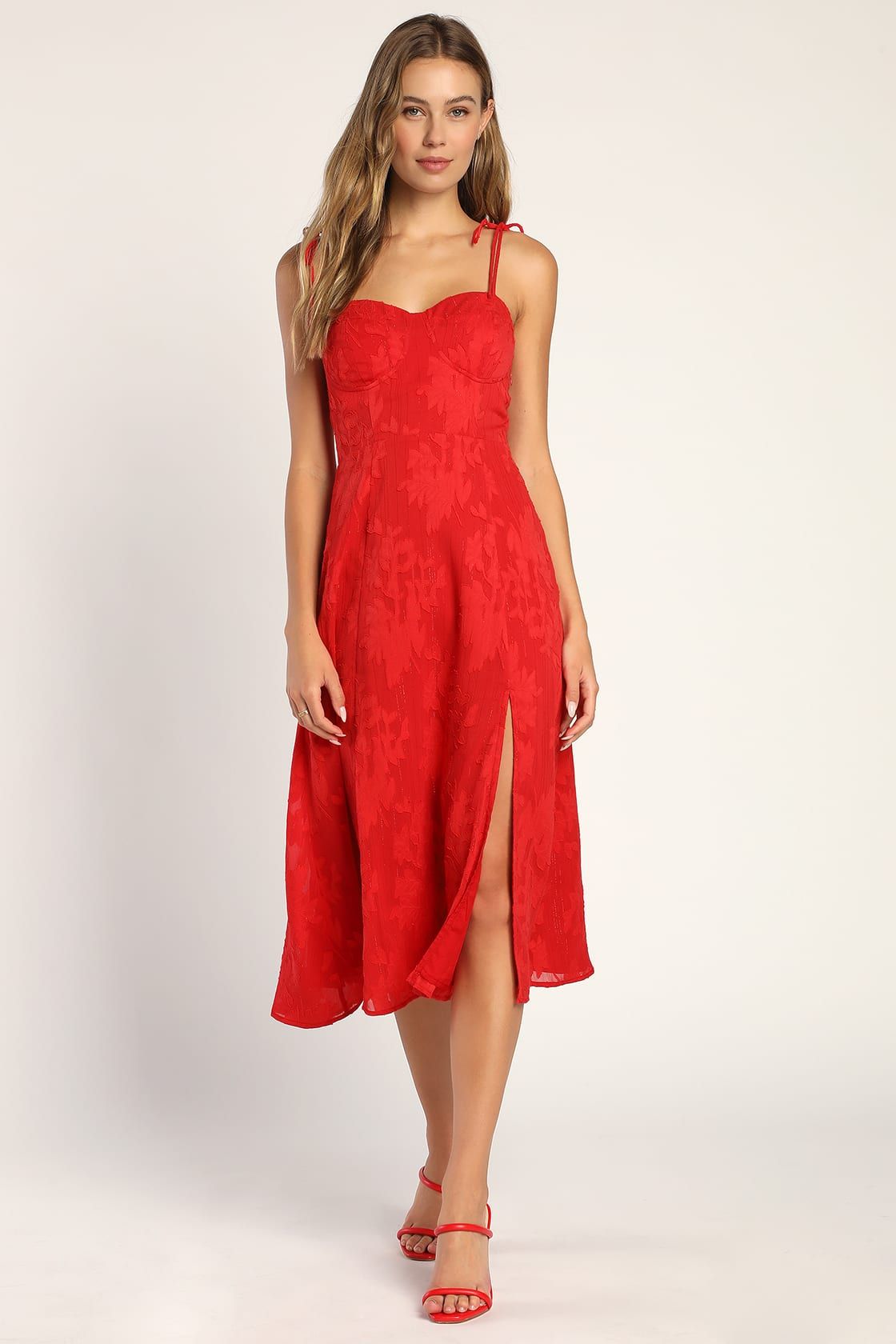 Loveliest Looks Red Floral Jacquard Tie-Strap Midi Dress | Lulus (US)