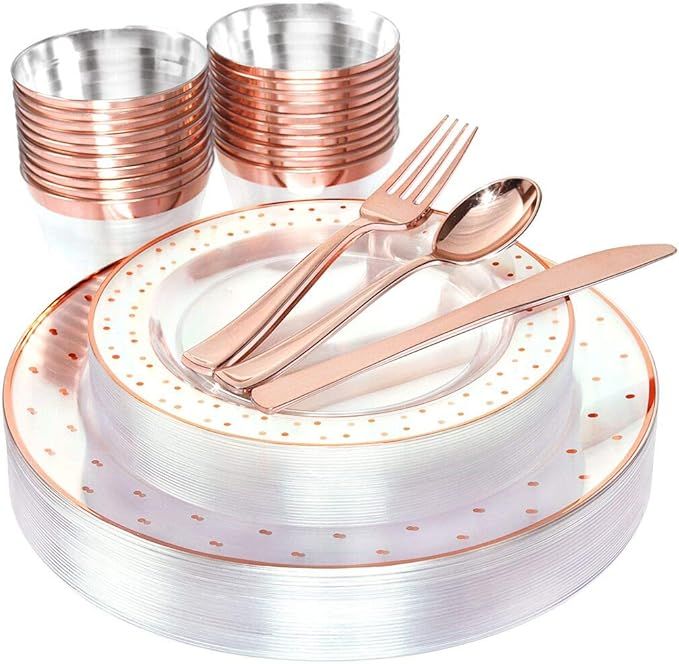 BUCLA 25guest Rose Gold Plastic Plates with Disposable Silverware&9oz Cups- Dot Plastic Dinnerwar... | Amazon (US)