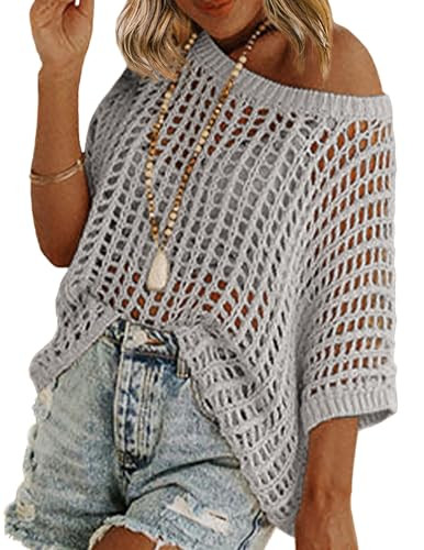 Zeagoo Summer Tops for Women Casual Short Sleeve Lightweight Crochet Pullover Sweater Tops Vacation Outfits | Amazon (US)