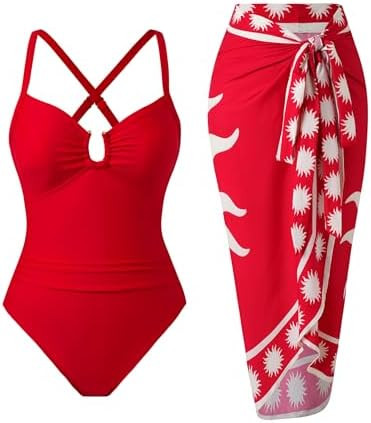 Women’s Tummy Control One Piece Swimsuit Set with Skirt Wrap Cover Up Retro Bathing Suit | Amazon (US)