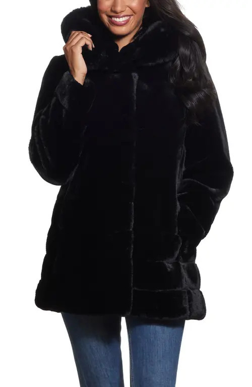Gallery Hooded Faux Fur Coat in Black at Nordstrom, Size 1X | Nordstrom