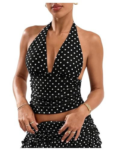 Milumia Women Polka Dots Halter Crop Top Y2k V Neck Open Back Ruched Going Out Tank Tops Clubbing Outfits Black Large | Amazon (US)