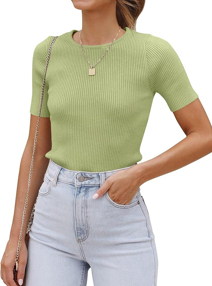 ZESICA Women's Short Sleeve Crewneck T Shirt 2024 Summer Ribbed Knit Slim Fit Basic Solid Color T... | Amazon (US)