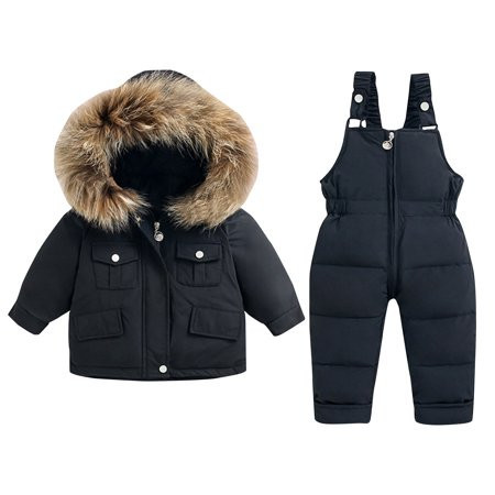2 Piece Snow Suits for Toddlers - Unisex Baby Girls Boys Ski Suit - Kids Winter Long Sleeve Hooded Puffer Jackets and Bibs Pants Skiing Clothing for Outdoor Snowboarding Down Coat Black 3T | Walmart (US)