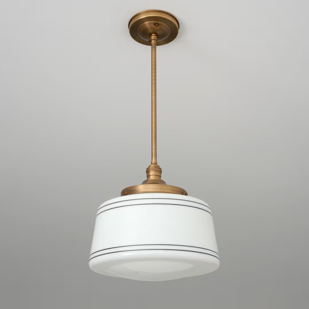 Drum Shade White Glass Schoolhouse Hand Blown Glass Hand Painted Stripes Mid Century Modern Down ... | Etsy (US)