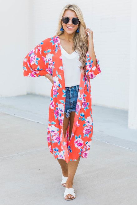 Grand Canyon Sunset Floral Duster Kimono Orange | The Pink Lily Boutique